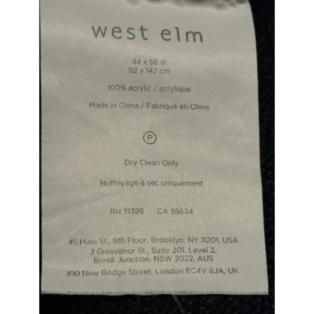 West Elm Navy Blue‎ Heathered Fringed Throw Blanket 44x56 100% Acrylic GUC
